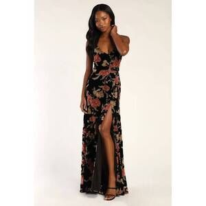 Lulus Alluring Blooms Black Floral Burnout Velvet Maxi Dress - Size XS